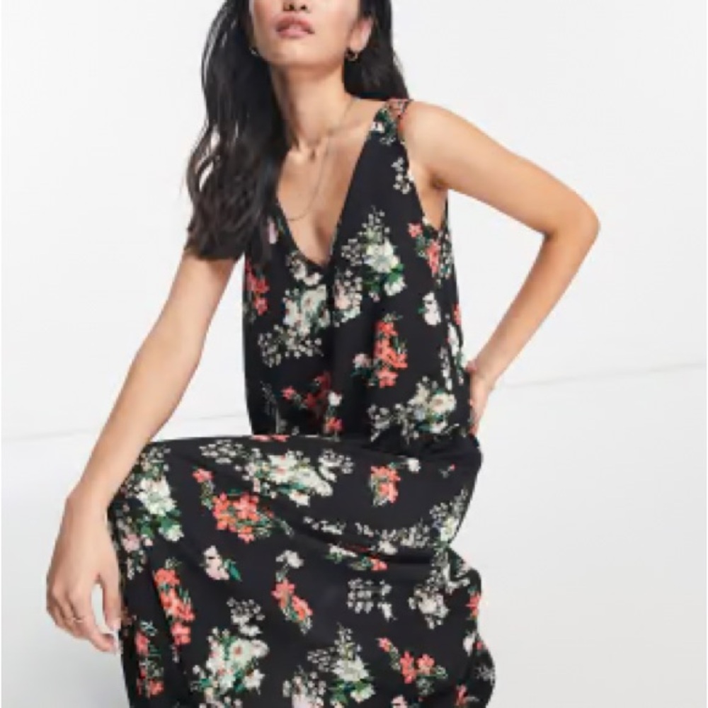 ASOS Curve Floral Maxi Dress Black Sleeveless V-Neck Stretch Boho Vacation 14